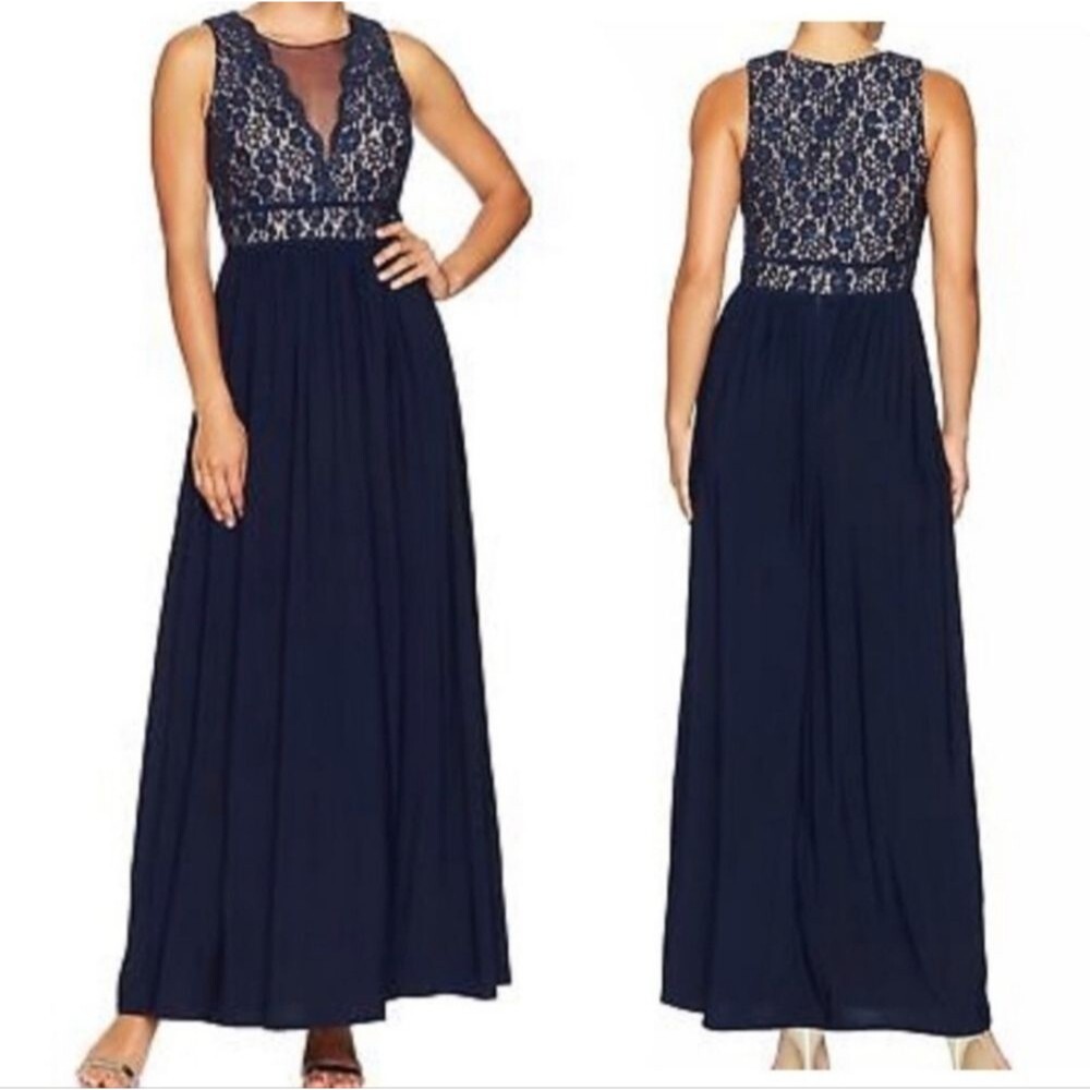 NW Nightway NWT navy blue/nude lace sequin Maxi dress gown 14